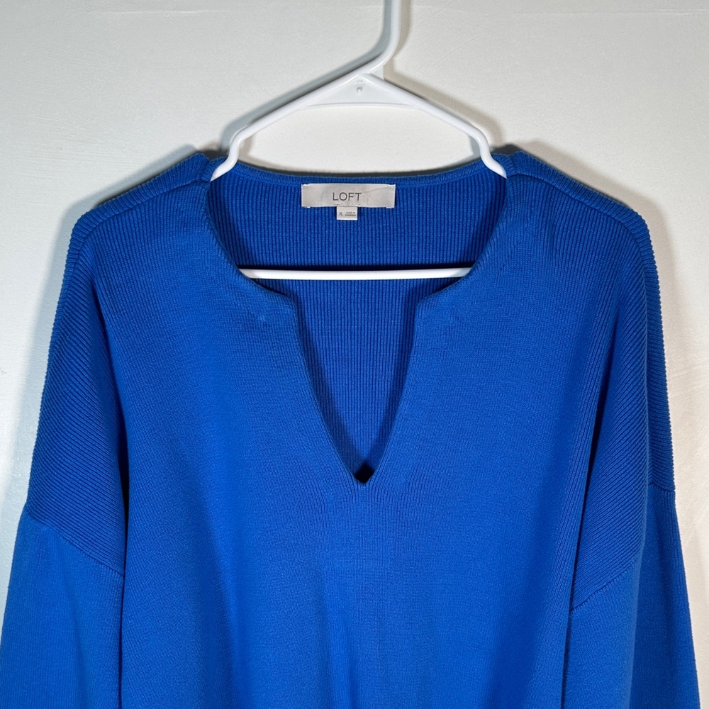 Loft Blue long-sleeved flared sweater, V-neck Size XL Cotton Casual Style - Picture 4 of 9